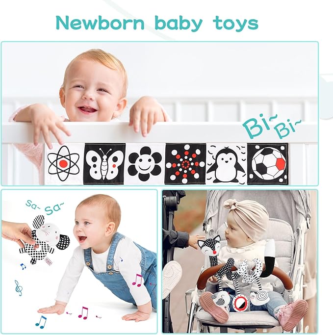 High Contrast Black and White Baby Toys 3-Piece Newborn Essentials Set with Hanging Toys,Rattle Crib Mobile,Baby Book & Car Seat Stroller Toys for 0-3-6-12 Months Infant Development