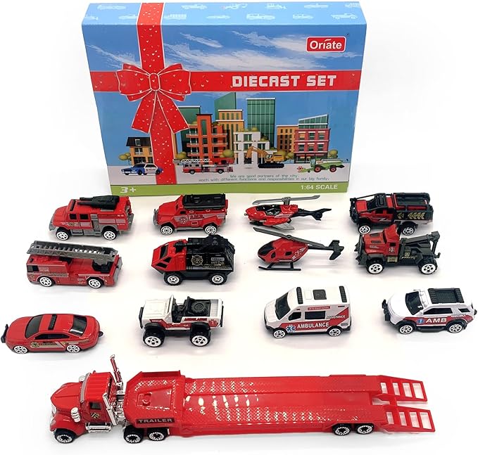 Oriate Fire Truck Vehicle Toys with Flatbed Trailer & Various Traffic Road Signs, Diecast Firetruck for 3 4 5 6 7 Year Old Boys Girls, Ambulance, Helicopter, Fire Rescue Theme Stickers