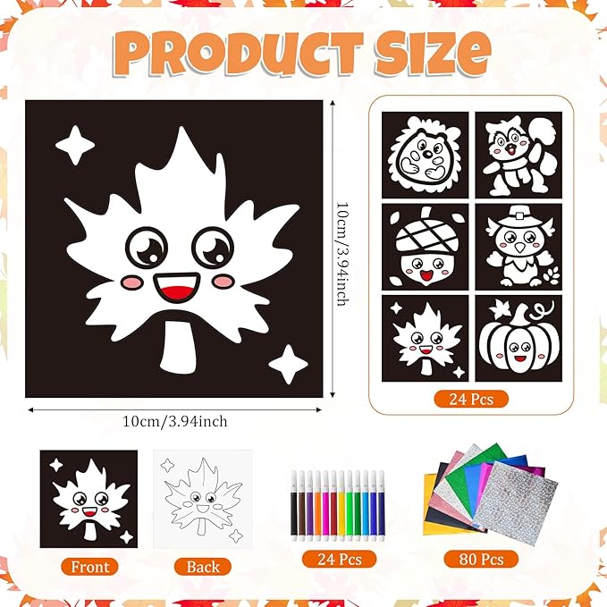 Cinrobiye 24 Set Fall Foil Art Craft Kits DIY Leaves Animals Painting Kits Art Paper Coloring Activity for Autumn Classroom Home Party Favors Thankgiving Birthday Goodie Bags Gifts Prizes (Fall)