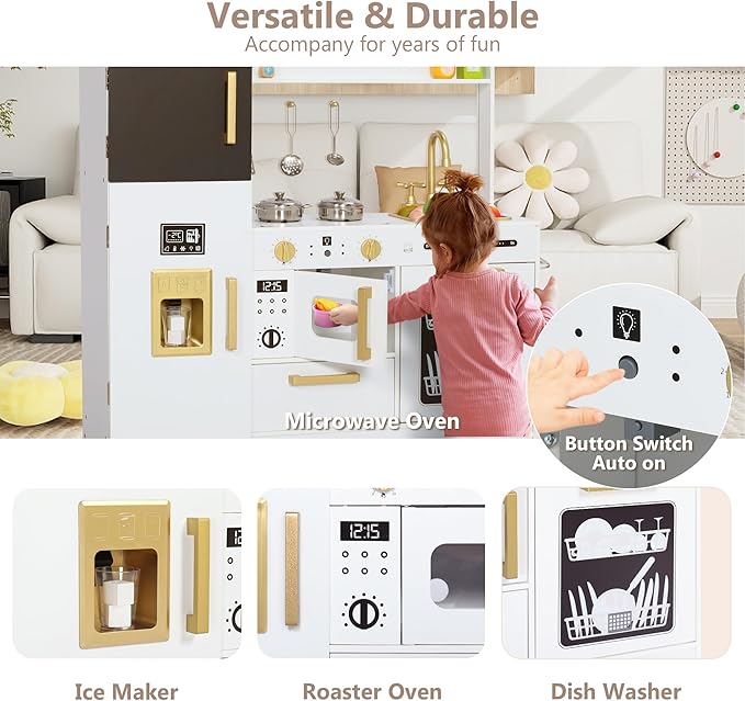 Kinder King Wooden Kids Play Kitchen, Toy Kitchen Playset for Toddler, Play Kitchen Set w/Blackboard, Transparent Coloring Board, Pretend Dishwasher, Oven, Ice Maker, Gift for Boys Girls Age 3+, White
