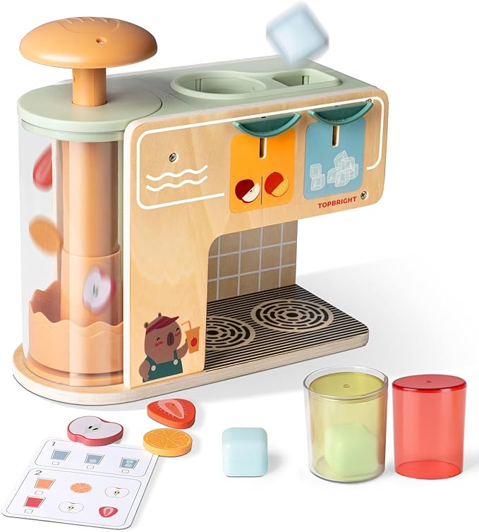 Top Bright Drink Dispenser Kids Play Kitchen Accessories, Pretend Play Toys Food with Sounds Effects, Wooden Kitchen Playset for Toddlers 3+