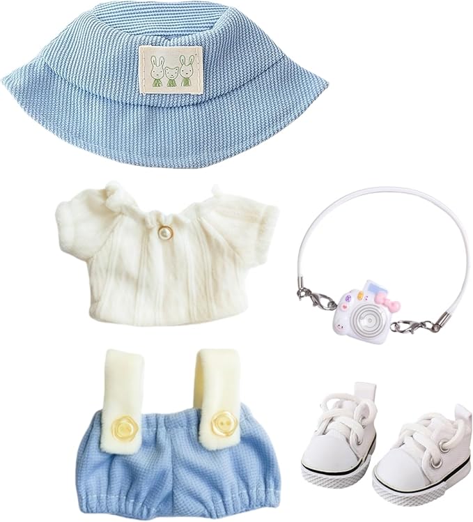 Clothes for Dolls Accessories (No Doll), Cute Outfit Set 5 Pieces Bib Pants for 15 & 17cm Doll Suit, Stylish Dress Up Overalls Doll Clothing Set Replacement with Hat Clothes Shoes Blue
