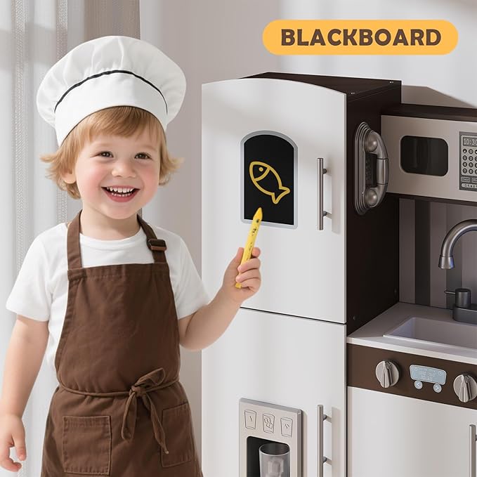 JOYDIAS Kids Play Kitchen Set, Pretend Wooden Kid Kitchen Playset Toy Kitchen w/Sound and Light, Oven, Ice Maker, Blackboard & Toy Storage Box, Toddler Kitchen Accessories for Kids Ages 3+