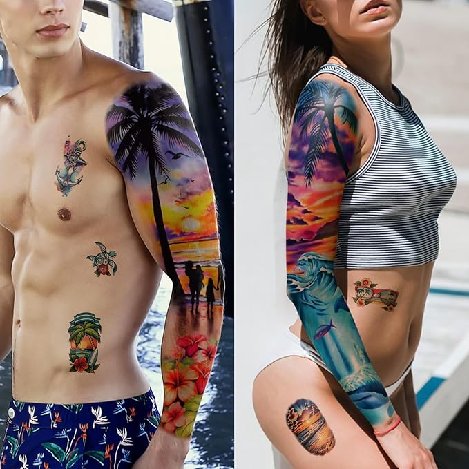 48 Sheets Temporary Tattoos for Adults - Tropical Waterproof Arm Tattoo Stickers with Hawaiian Beach Palm Trees Sunset Flowers, Large Full Arm Fake Tattoo Body Art for Men Women Teens for Summer Party