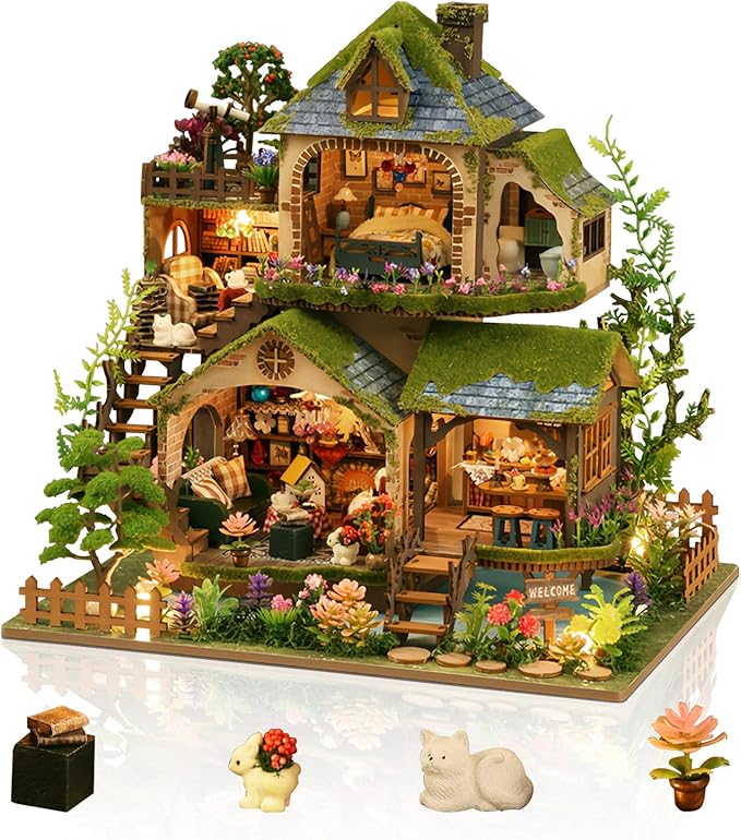 Foyucool Miniature House Kit, Mini House Building Kit with Light, Dollhouse Kits for for Adult to Building, Forest Adventure