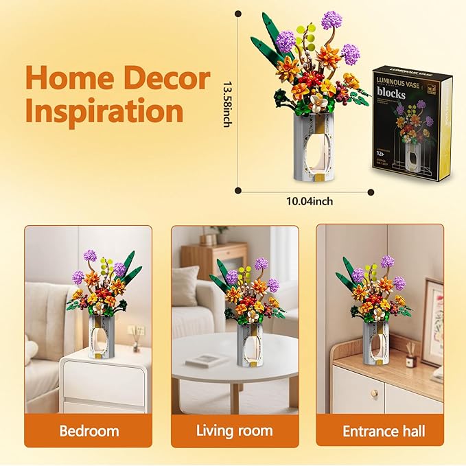 Flower Bouquet Building Set for Adults, 890 PCS Botanical Collection-Inspired Brick Floral Gift with Vase, Flower Vase Display Set for Home Decor