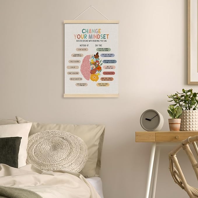 MOTERMATE Boho Growth Mindset Wall Art Poster, Calming Decor, Motivational Canvas Poster Hanger Frame, Homeschool Mental Health Wall Hanging Banner Decor for Classroom, Calming Corner Items, 12x16Inch