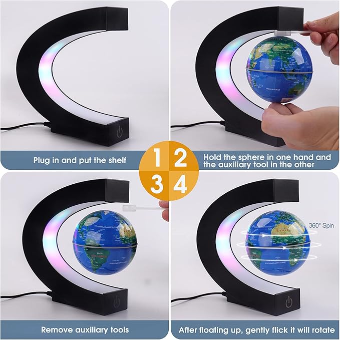 Floating Globe with Colored LED Lights C Shape Anti Gravity Magnetic Levitation Rotating World Map with Touch Switch for Gift Home Office Desk Decoration with Switch (Blue)