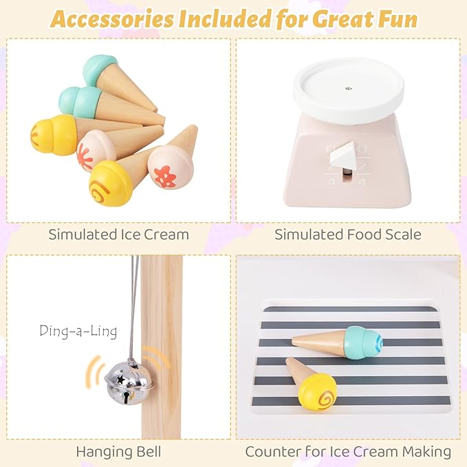Costzon Kids Pretend Play Grocery Store, Wooden Ice Cream Cart Toy Set for Kids with Ice Cream Making Counter, Scale, Bell, Display Shelves, Blackboard, Canopy, Wheels, Gift for Toddlers (White)