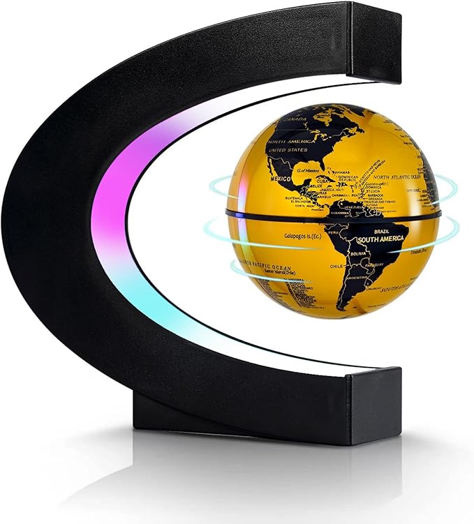 Flagest Magnetic Levitation Floating Globe, Levitating C Shape Golden Globe with LED Lights for Education Home Office Desk Decor, Holiday Anniversary Creative Gift(3.3 Inches)