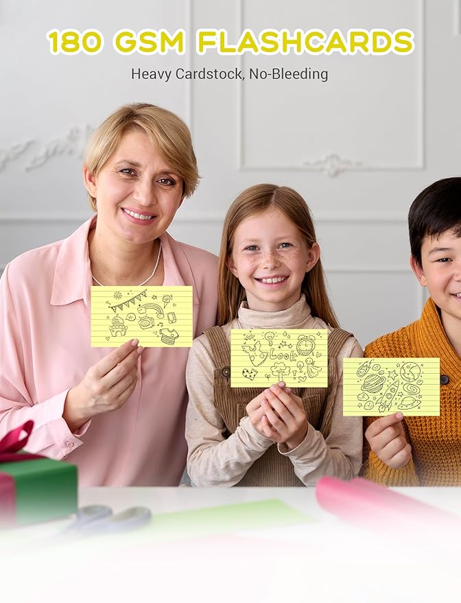Yellow Index Cards 3x5, 200 PCS Notecards 3x5 Lined, Flashcards Note Cards 3 x 5 Thick Flash Cards Ruled Index Card, Single-Sided Ruled Lined 3 by 5 Index Cards for Studying Notes Taking