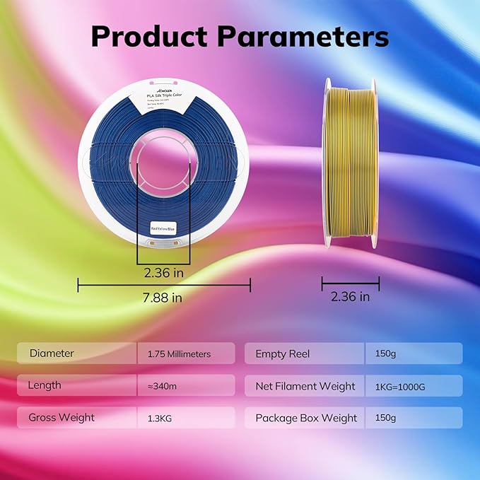 AMOLEN Silk PLA 3D Printer Filament, Tri Color Red Yellow Blue PLA 1.75mm, Shiny Multi Color Change Filament 3D Printing PLA Filament for Most FDM 3D Printer, 1kg Spool(2.2lbs)