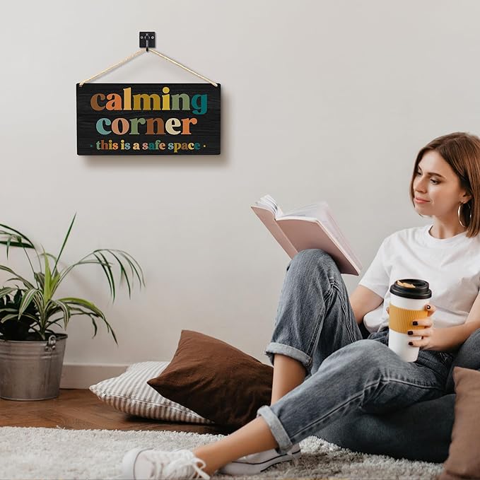 Calming Corner Hanging Wood Sign - Safe Space, Classroom Decor, School Counselor Office, Calm Down Corner Decorations, Boho Style (Black), 12x6