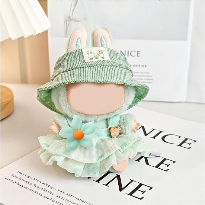 17cm Doll Clothes | Fashion Kawaii Chic Style Set for Dolls | 3-Piece Outfit with Green Hat, Floral Decor, Green Floral Print Dress (NO Doll)