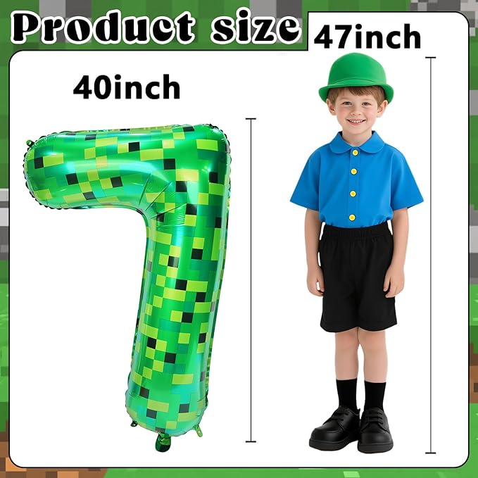 40in TNT Pixel Number 7 Balloon Birthday Decorations, Miner Theme Green Foil Balloons Blast Gaming Party Supplies