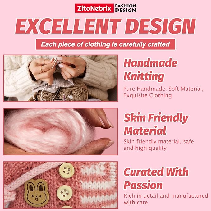Cloth for 15cm ＆ 17cm Doll,5-Piece Handcrafted Crochet Clothes Outfit(NO Doll) - Light Pink Clothes + Light Pink Bear-Shaped Velvet hat + Glasses + Shoulder Bag + White Canvas Shoes