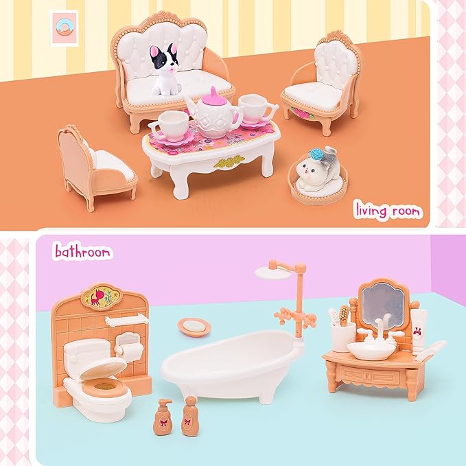 Doll House Mini Furniture 45 Pcs Dollhouse Furniture Set Accessories Pretend Play Bedroom Living Room Bathroom Kitchen for Kids Birthday and Christmas Mixed Color