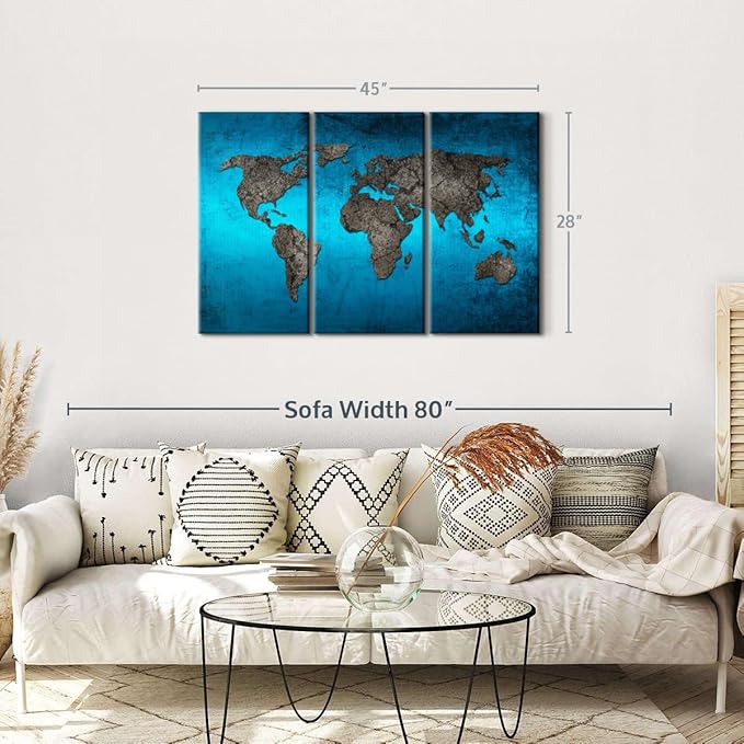 ElephantStock Ocean World Map Multi Piece Canvas - 3 Panel Wall Decor - Map of the World Art - Canvas for the Office and Home - 45" X 28"