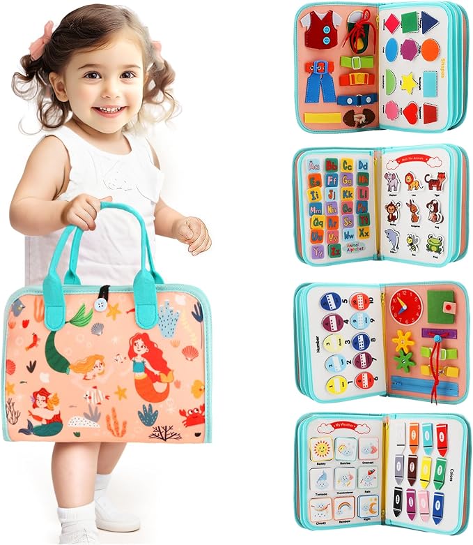 Toddler Busy Board Montessori Toys for Toddlers 3 Year Old Educational Activity Book Board Sensory Travel Toys Ages 4 Preschool Learning Fine Motor Skills Toy Quiet Book Gift for Kids