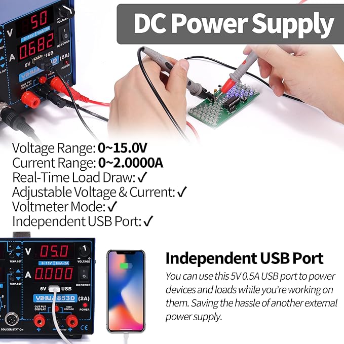 YIHUA 853D 2A USB SMD Hot Air Rework Soldering Iron Station, DC Power Supply 0-15V 0-2A with 5V USB Charging Port and 35 Volt DC Voltage Test Meter