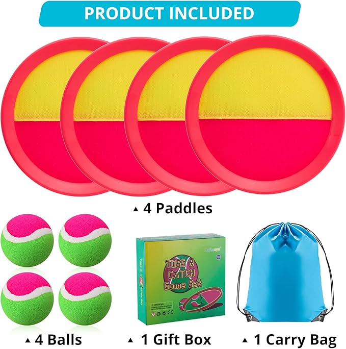 Beach Games, Outdoor Toys for Kids Ages 4-8, Toss and Catch Ball Set, with 4 Paddles 3 Balls, and 1 Storage Bag, Beach Toys Easter Gifts for Kids -2 Pink + 2 Blue