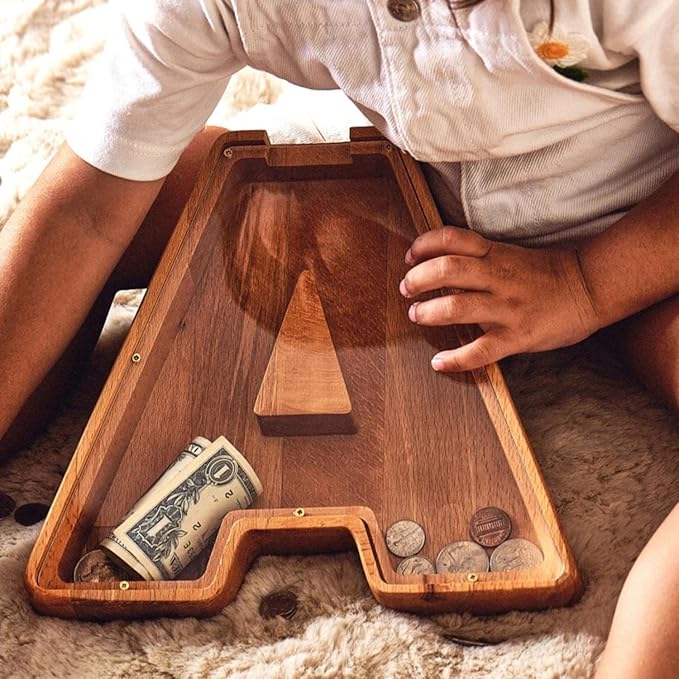 Personalized Wooden Piggy Bank – Custom Letter A Coin Bank in Beech Wood with Acrylic Front, Name Engraving, Money Saving Box for Kids and Adults