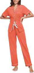 CF Womens 100% Cotton Pajamas Set Button Down Pjs Sets Short Sleeve Top & Long Pants Sleepwear Comfy Loungewear with Pockets