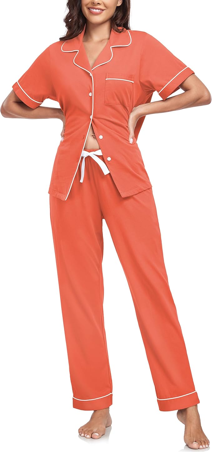 CF Womens 100% Cotton Pajamas Set Button Down Pjs Sets Short Sleeve Top & Long Pants Sleepwear Comfy Loungewear with Pockets