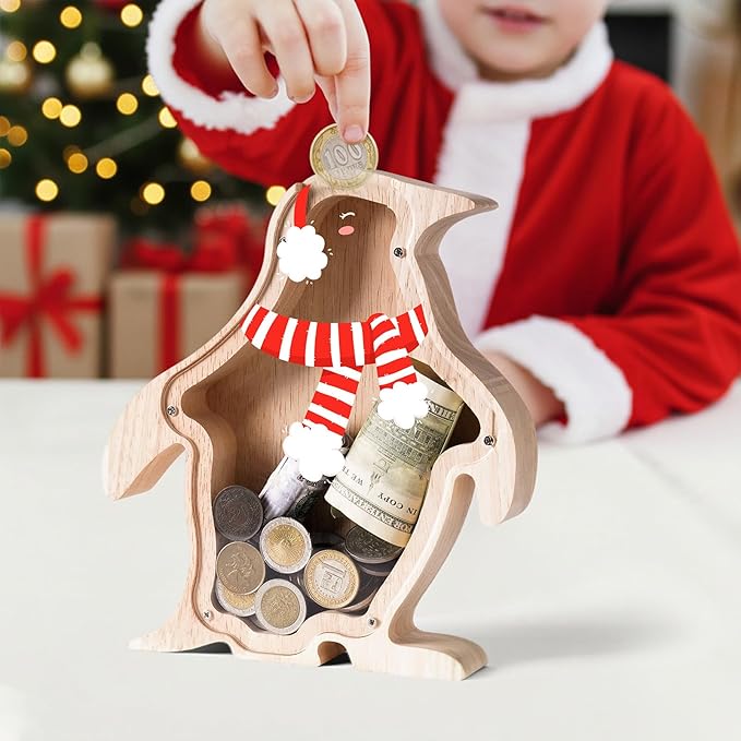 Wooden Christmas Piggy Bank for Kids, Adorable Penguin Piggy Bank with Acrylic Panels, Unbreakable Toddler Money Box for Boys Girls, Cute Saving Coin Jar for Birthday, Decor