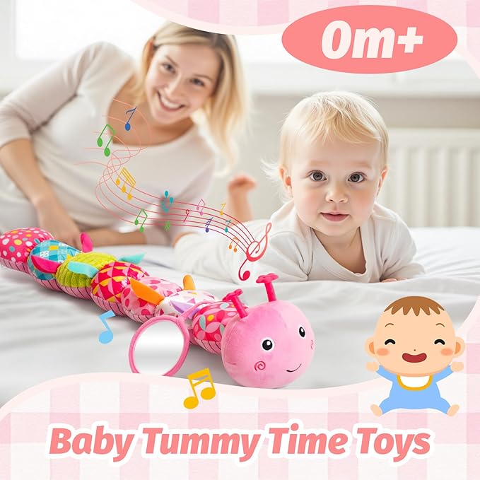 Baby Toys 0-6 Month, Musical Caterpillar Baby Rattle, Plush Sensory Toy with Mirror, Crinkle Textures, Newborn Developmental Tummy Time Stuffed Animal for Infants Boys Girls 6-12 Months (Pink)