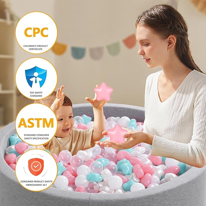Ball Pit Balls Pack of 100 200 500 - Star and Round Set BPA Free Phthalate Free Non-Toxic Crush Proof Play Balls Soft Plastic Balls for Toddlers Baby Kids Birthday Pool Tent Party