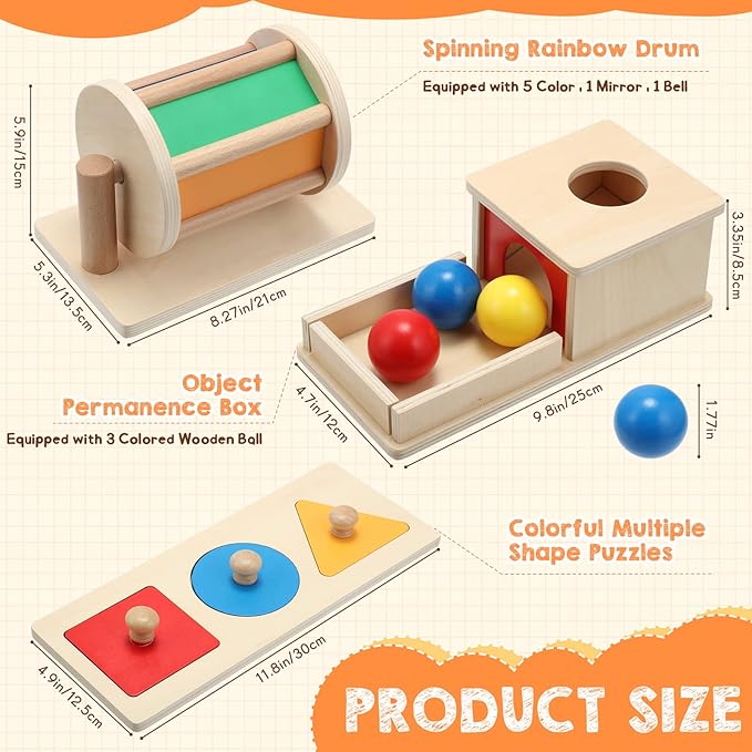Sratte 3 Pcs Wooden Baby Toys Set, Object Permanence Box, Rainbow Drum, Colorful Multiple Shape Puzzles Toys, Preschool Toys Set for 6-12 Month Infant 1 2 3 Year Old Toddlers Babies