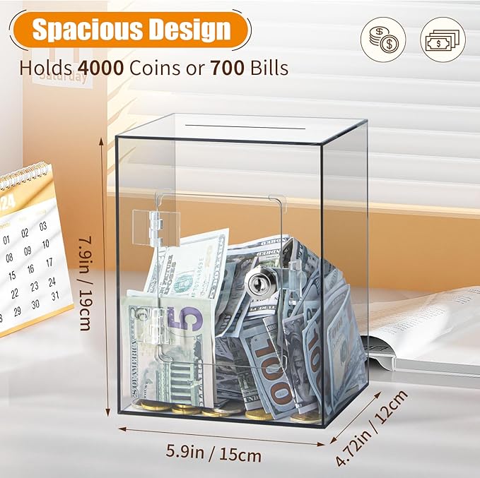 Hicocool Clear Piggy Bank with Lock, Acrylic Piggy Bank for Adults Kids Openable, Reusable Money Saving Box with Key for Birthday (Brown)
