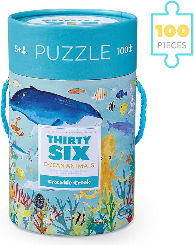 Crocodile Creek 100-Piece Jigsaw Puzzle for Kids Ages 5 and Up - Fun and Educational Table or Floor Puzzles - Storage Canister with Handle - Ocean Animals - 14” x 19” Finished