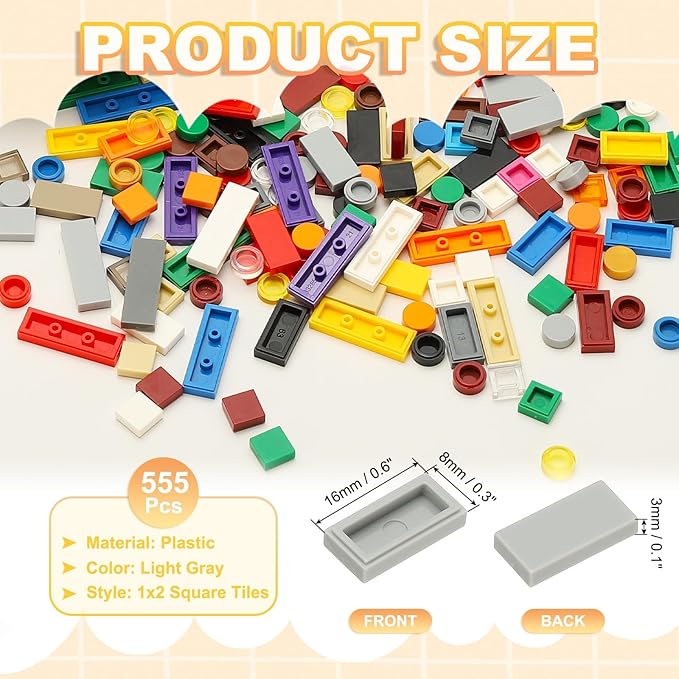 PATIKIL 555 Pcs Flat Blocks Bulk, 1x2 Square Light Gray Classic Tiles Smooth Surface Mini Building Blocks Accessories Compatible Bricks Kits for Building Floor Walls Mosaic Pixel Arts