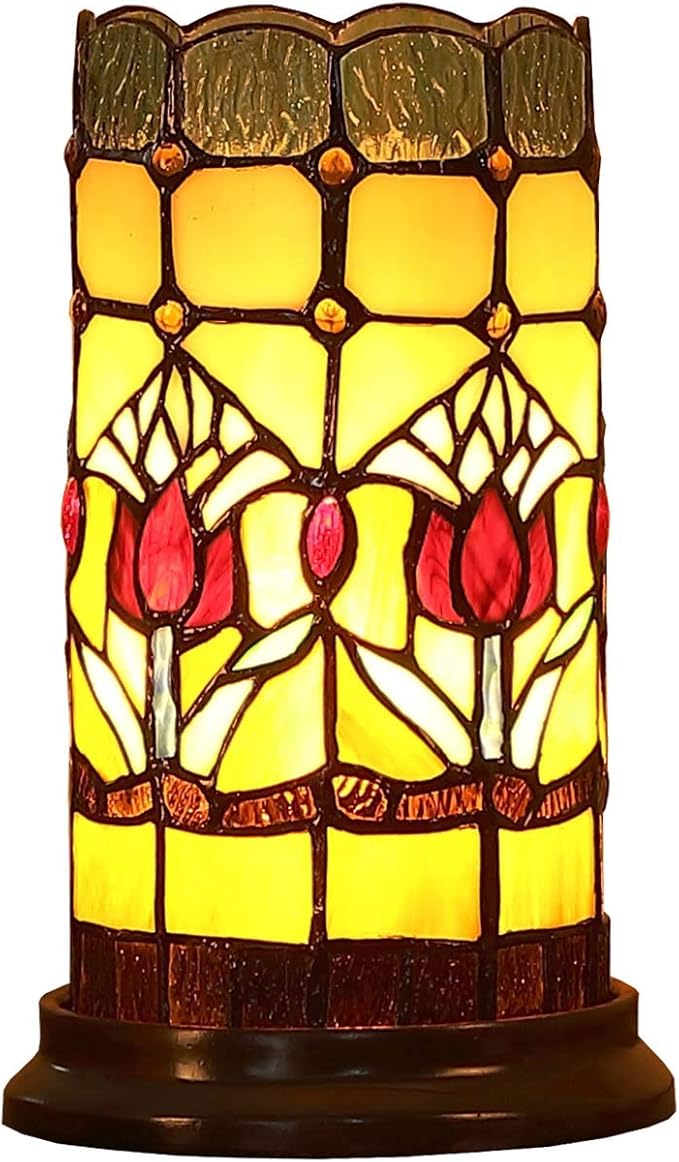 Bieye L10648 Tulip Flower Tiffany Style Stained Glass Mini Table Lamp Night Light with 5-inch Wide Lampshade for Bedside Bedroom Living Room Home Decoration, 10 inches Tall