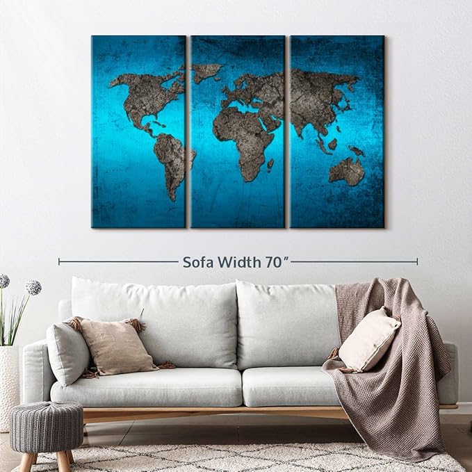 ElephantStock Ocean World Map Multi Piece Canvas - 3 Panel Wall Decor - Map of the World Art - Canvas for the Office and Home - 57" X 36"