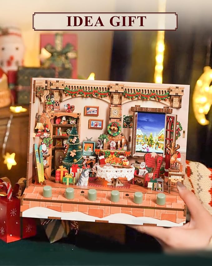 Tonecheer DIY Miniature House Kit, Wooden Dollhouse Kit with Music and White Noise,Tiny Diorama House Building Set with Electronic Screen Kit Creative Idea Gifts for Aduls (The Christmas Cottage)