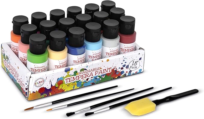 Washable Tempera Paints Set of 18 for children, Kids Non-Toxic Acrylic Paint, Kid Friendly, Kid Safe Paint Set, Includes Variety of Brushes, Color, Craft, Create and Party.