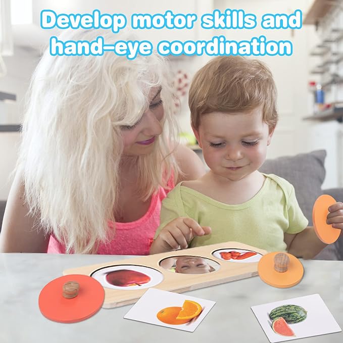 Baby Puzzles 12-18 Months - Montessori Multiple Shapes Knob Wooden Puzzles for Toddlers 1-3 - Peekaboo Photo Puzzle with Baby Mirror & 10 Real-Life Cards