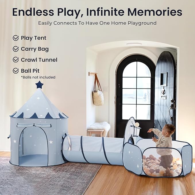 Tiny Land 3-in-1 Baby Tunnel for Toddlers with Ball Pit & Play Tent, Pop Up Crawl Tunnel for Kids, Indoor/Outdoor Play Tunnel, Foldable Baby Crawling Tunnel Toy (Blue)