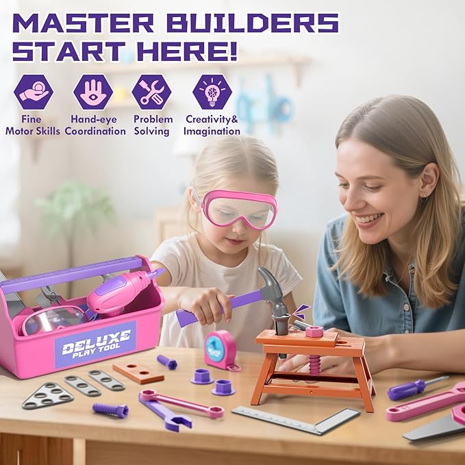 Lehoo Castle Kids Tool Set with Electric Toy Drill and Tool Box, Construction Toys for 3 Year Old Girls Birthday Gift, Pretend Play Toddler Tools for 3-5 Years Old (Pink)