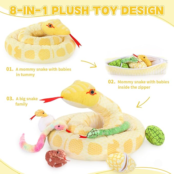 MaoGoLan 8Pcs Big Snake Stuffed Animals Bulk 118'' Yellow Snake Plush Giant Boa Constrictor Toys for Kids Party Favors Halloween Prank Props Christmas Birthday Gifts