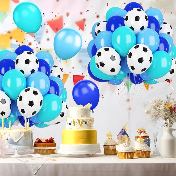 Soccer Ball Balloons, 12 inch Football Balloons Blue Teal Light Blue Soccer Birthday Latex Balloons for Boys Soccer Theme Birthday Party Supplies Children Football Party Decorations
