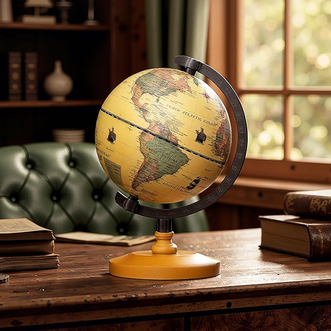 COSTWAY Antique Globe Dia 5.5-Inch, Mini Rotating World Globe w/Wooden Base, Modern Map & Vintage Color, For Kids & Adults' Geography Educational Learning, Desktop Decoration for Home Office School