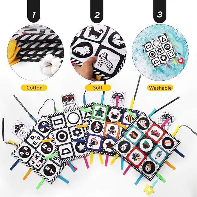 teytoy Tummy Time Floor Mirror, Double High Contrast Play and Pat Activity Mat Black and White Baby Crinkle Toys with Teether, Great Gift for Infants Boys and Girls -Pack of 4