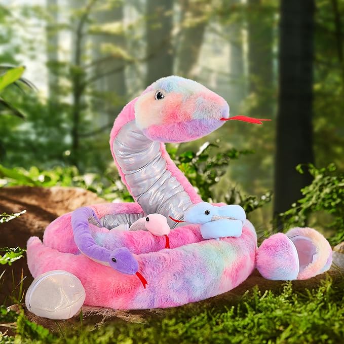 MaoGoLan 7Pcs Rainbow Snake Toys Stuffed Animals Bulk, Giant Plush Snake Mommy with 3 Babies & 3 Eggs Inside, Long Snake Plush Boa Constrictor for Kids Gifts Halloween Prank Props