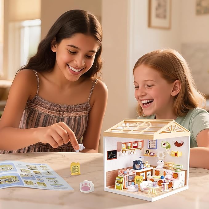 DIY Miniature House Kit Plastic House Building Toy Set with Roof & 2 Doors, Mini Dollhouse Kit with LED for Mini Figures Construction Toys Diorama Kit Gifts for Teens Adults (Happy Cat Pet)