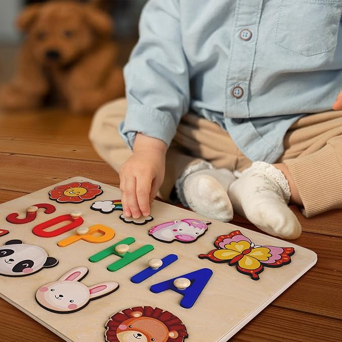 Wooden Name Puzzle for Kids Personalized, Easter Gifts for Toddlers,Easter Basket Stuffers, 1st Birthday Gifts, Early Learning Toys for Baby Boy or Girl, Educational Toys Wooden Toddler Puzzles