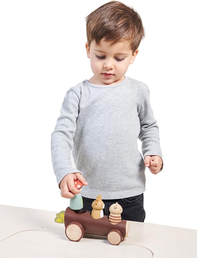 Tender Leaf Toys - Timber Taxi - Wooden Log Shaped Push Vehicle with 3 Removeable Characters - Open-Ended Play Toy, Explore Role-Play and Imagination for Boys and Girls - Age 18m+
